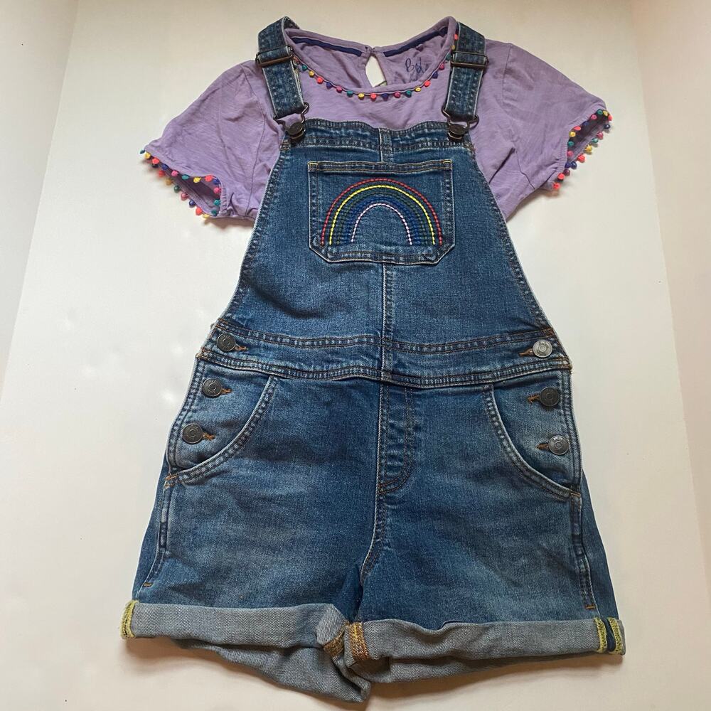 Mini Boden Purple Shirt & Denim Rainbow Shortall Overalls